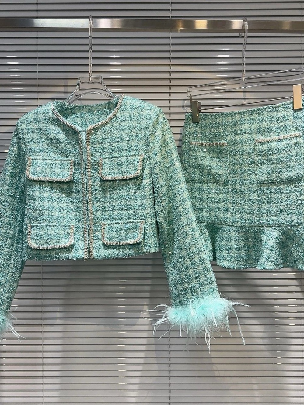 Mint Green Tweed Cropped Blazer with Feather Cuffs